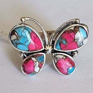 Butterfly Design Sterling Silver Blue Pink Cotton Candy Southwestern Ring Sz 10